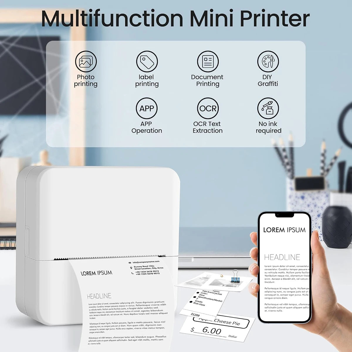 Mini Portabl Printer Inkless Sticker Maker, Free Cut Small Pocket Printer, Portable Thermal Printer for Photo Journal Notes Memo