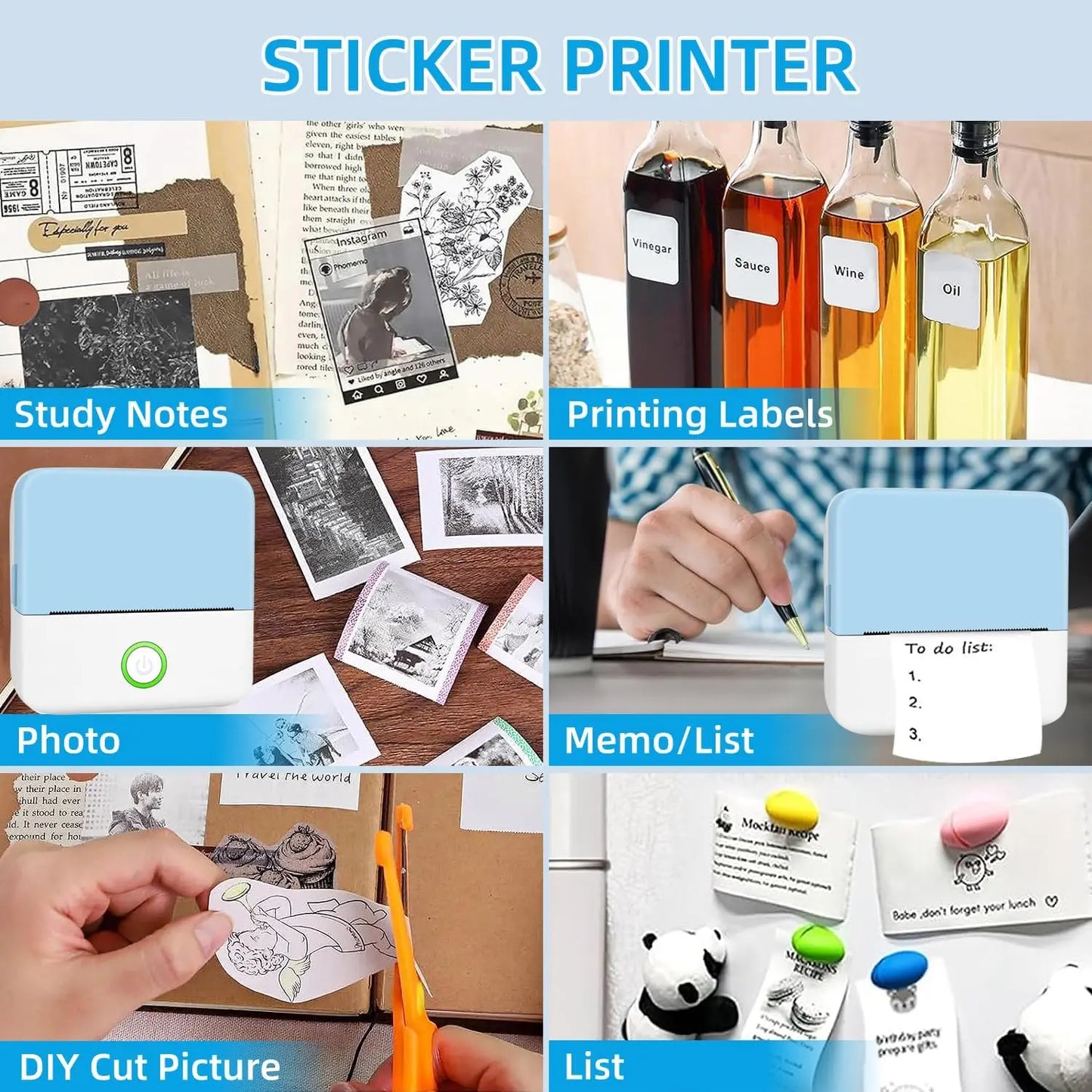 Mini Portabl Printer Inkless Sticker Maker, Free Cut Small Pocket Printer, Portable Thermal Printer for Photo Journal Notes Memo